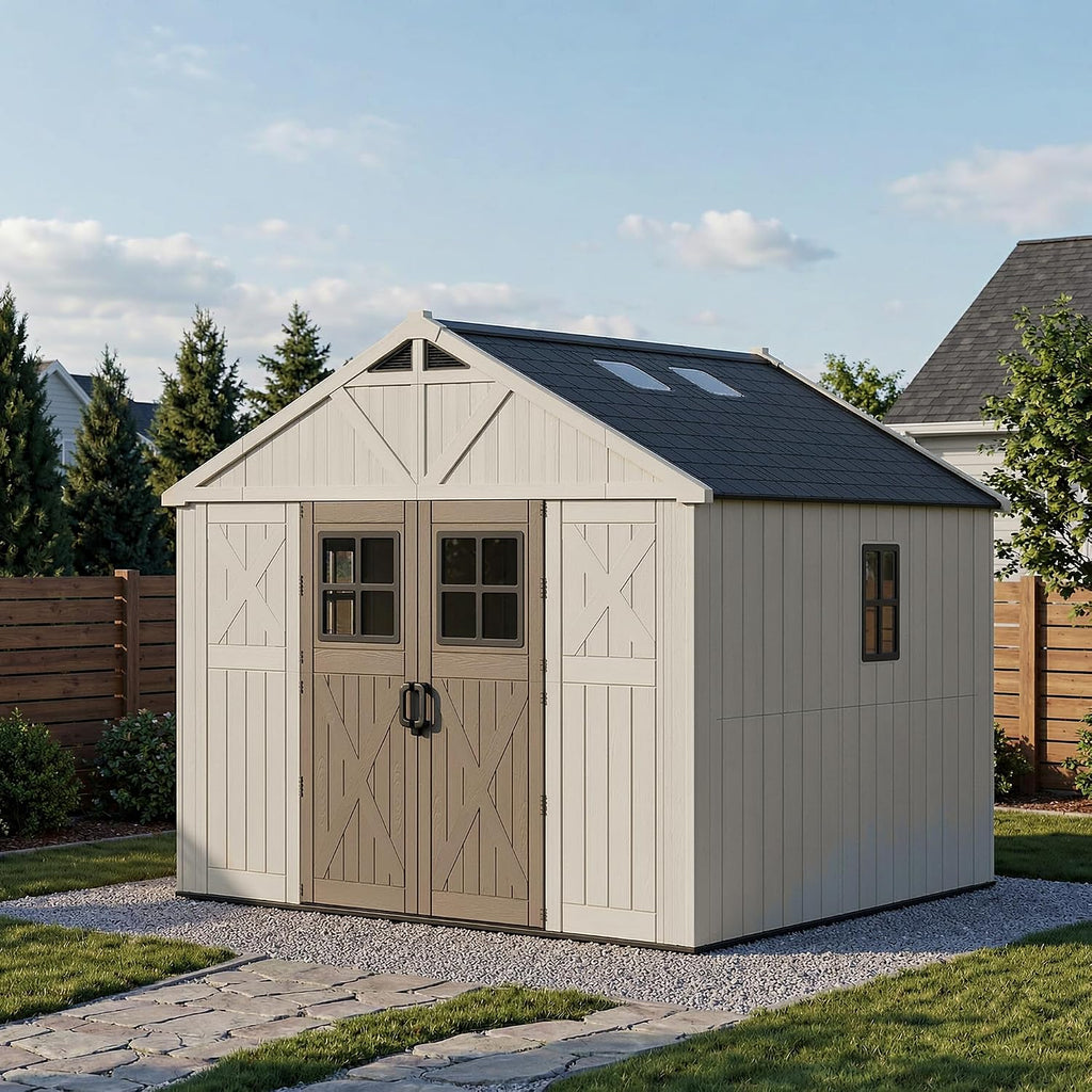 devoko 10x10 ft resin storage shed with floor, side view