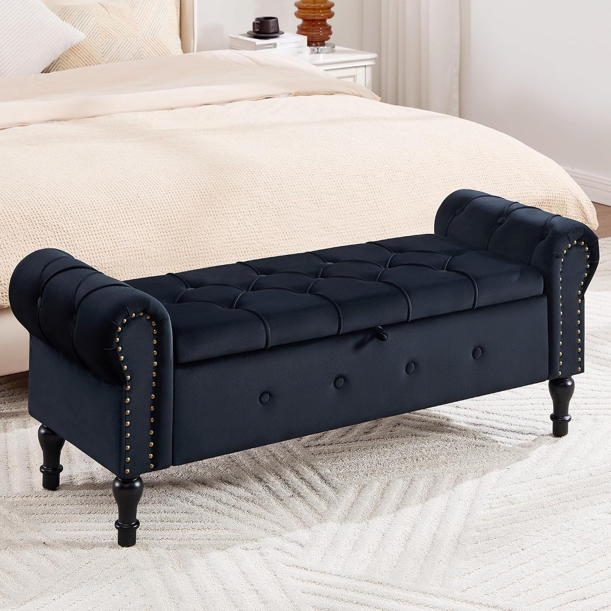 Storage Bench 51" Velvet End of Bed Benches Black
