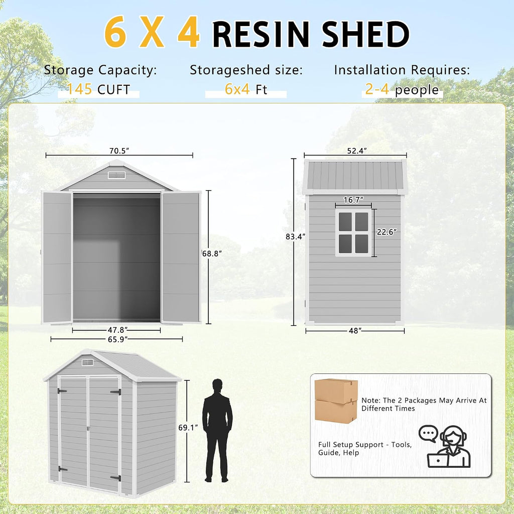 PIPLEO 6x4 FT Resin Outdoor Storage Shed with Floor, Plastic Garden Storage Shed with Lockable Door & Vent, All Weather Versatile Tool Shed for Backyard, Patio, Lawn, Gray