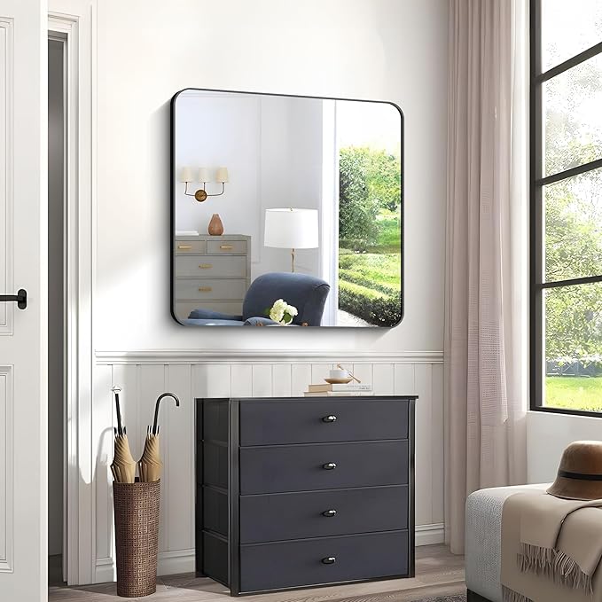 Black Bathroom Mirrors for Wall, Rounded Corner Metal Frame Wall Mirror