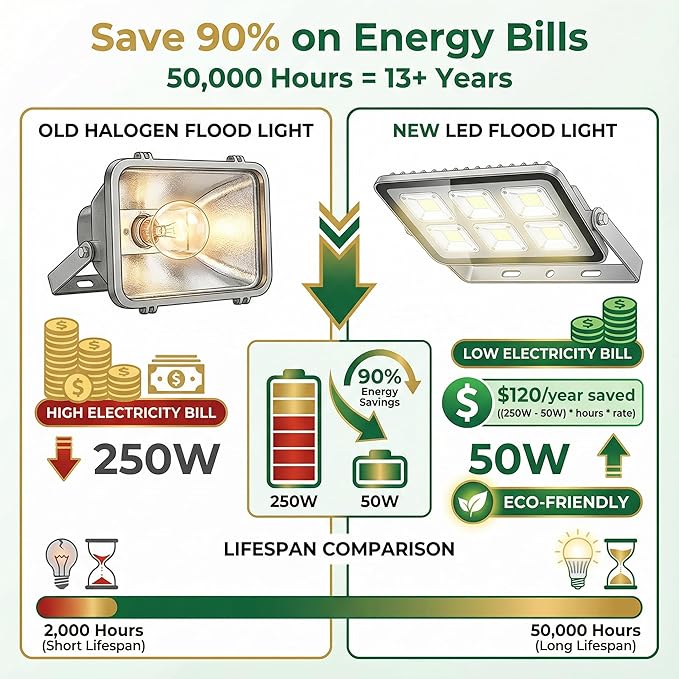 XXBSAZ 50W LED Flood Lights Outdoor, Plug-in & Hardwired Security Lights