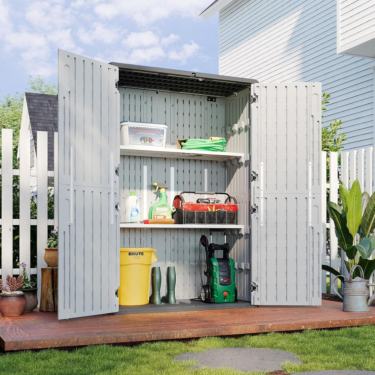 Aoxun 64 Cu.Ft Resin Outdoor Storage Shed with 2 Shelves & Floor, White