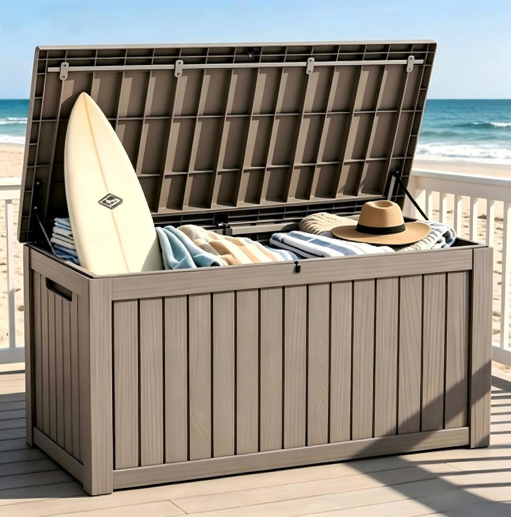 Outdoor Storage Box Resin Deck Box Waterproof Gray Brown 182 Gallon