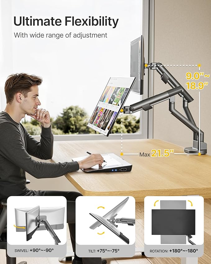 monTEK Dual Monitor Stand for 2 Screens 17 to 35 Inch, Heavy Duty Monitor Mount