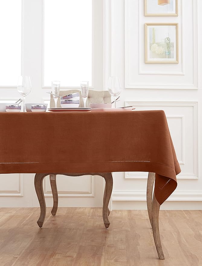 Solino Home Linen Tablecloth 60 x 156 Inch - Classic Hemstitch 100% Pure Linen Cinnamon Table Cloth for Rectangle Tables - Machine Washable Tablecloth for Fall, Autumn, Halloween, Thanksgiving