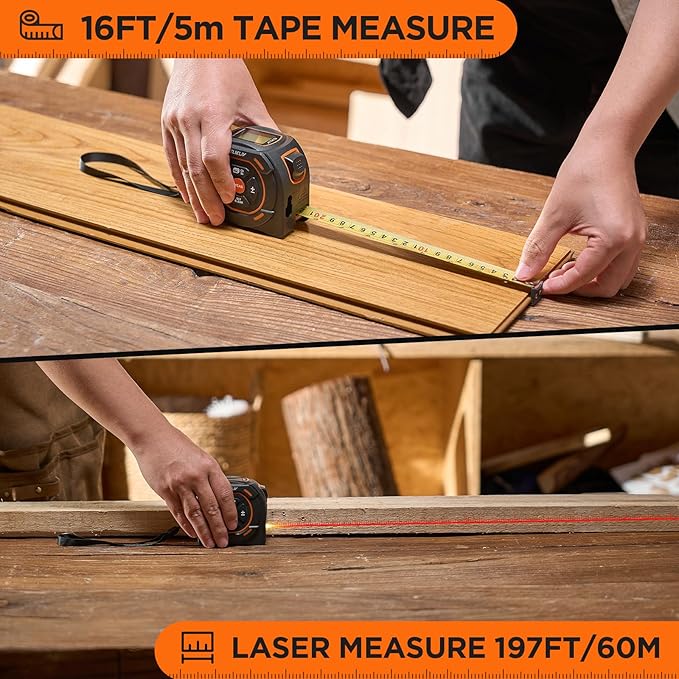 Laser Tape Measure 2-in-1, 197Ft Laser Distance Meter & 16Ft Digital Tape