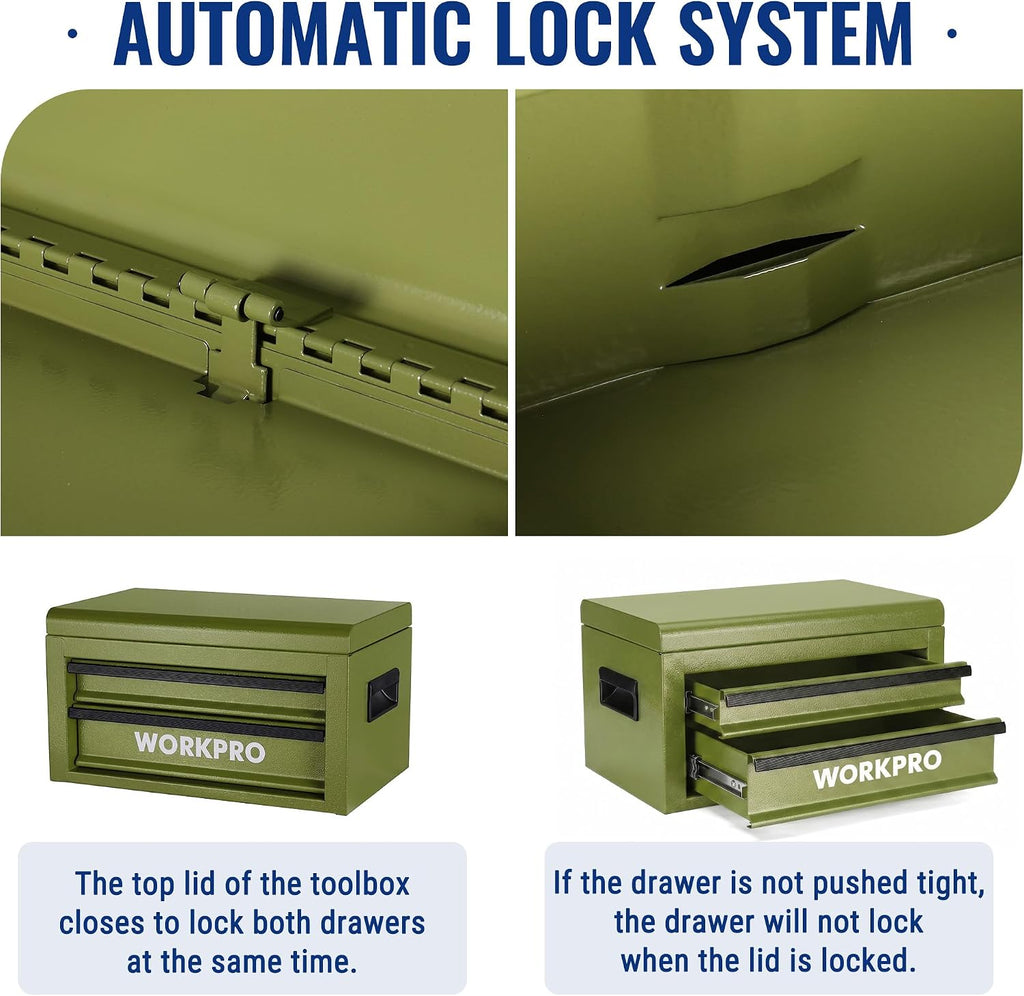 workpro 15-inch metal tool box with 2 drawers, side view