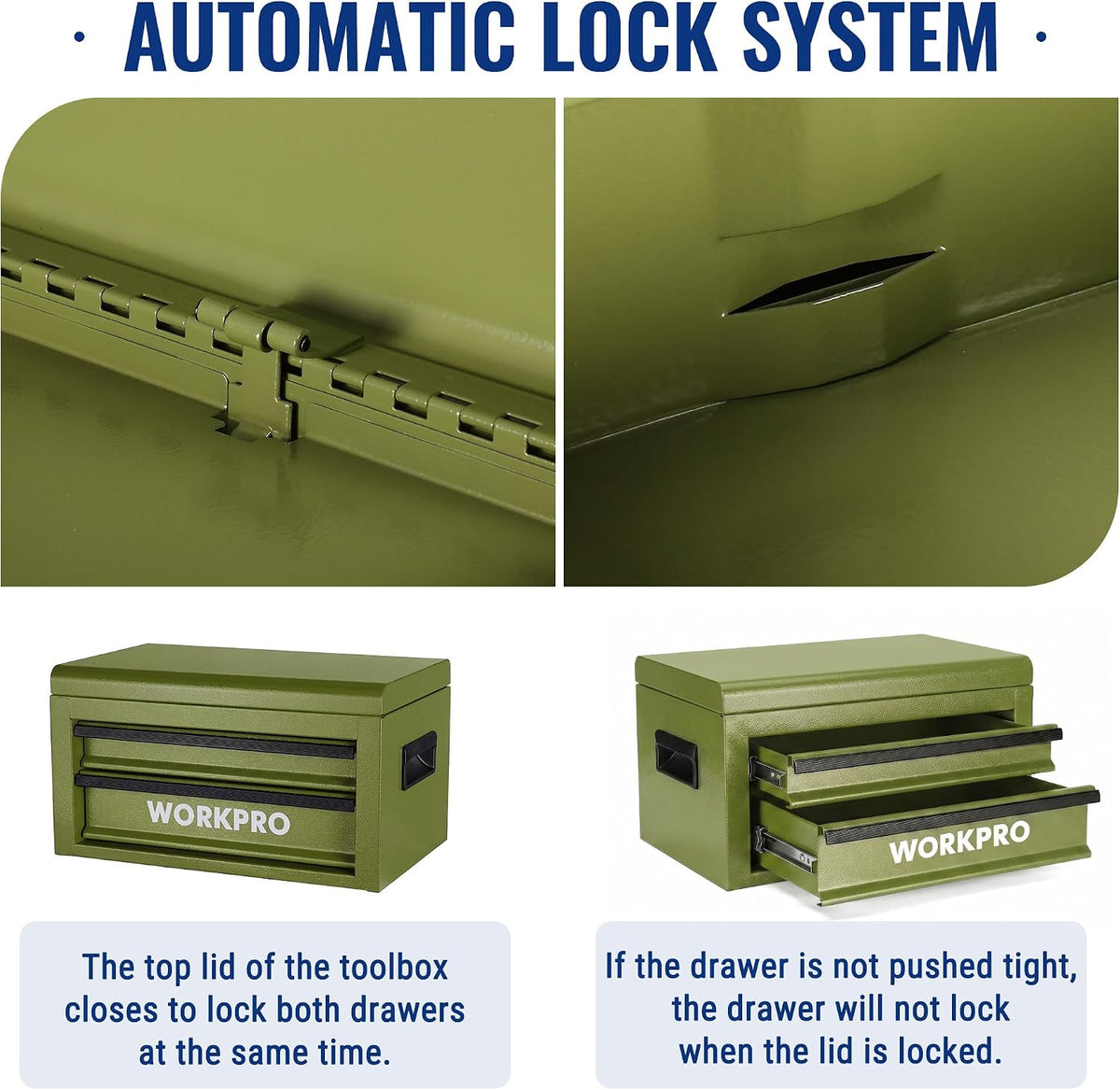 workpro 15-inch metal tool box with 2 drawers, side view