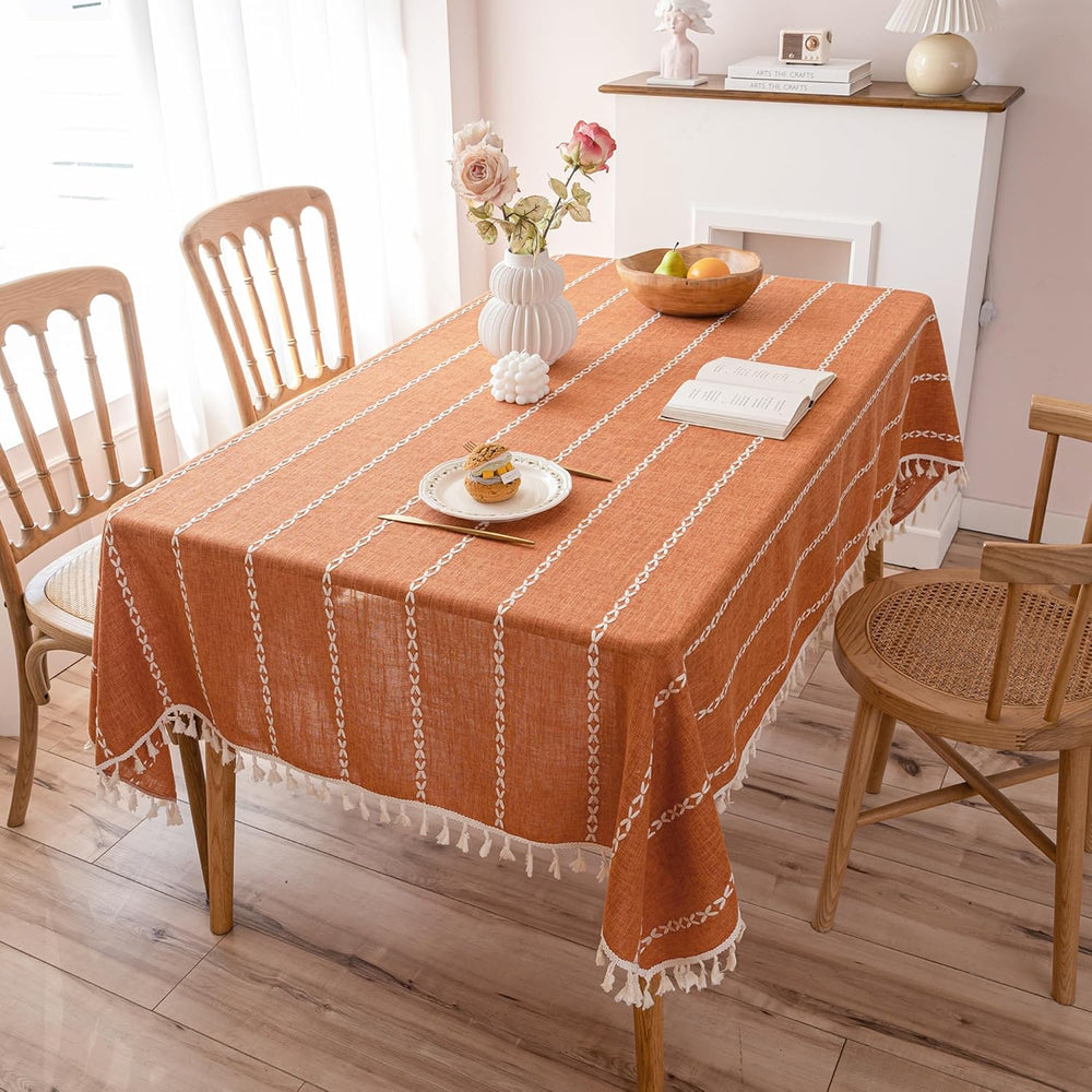 Burnt Orange Linen Rectangle Table Cloth with Tassel Farmhouse Burlap Tablecl...