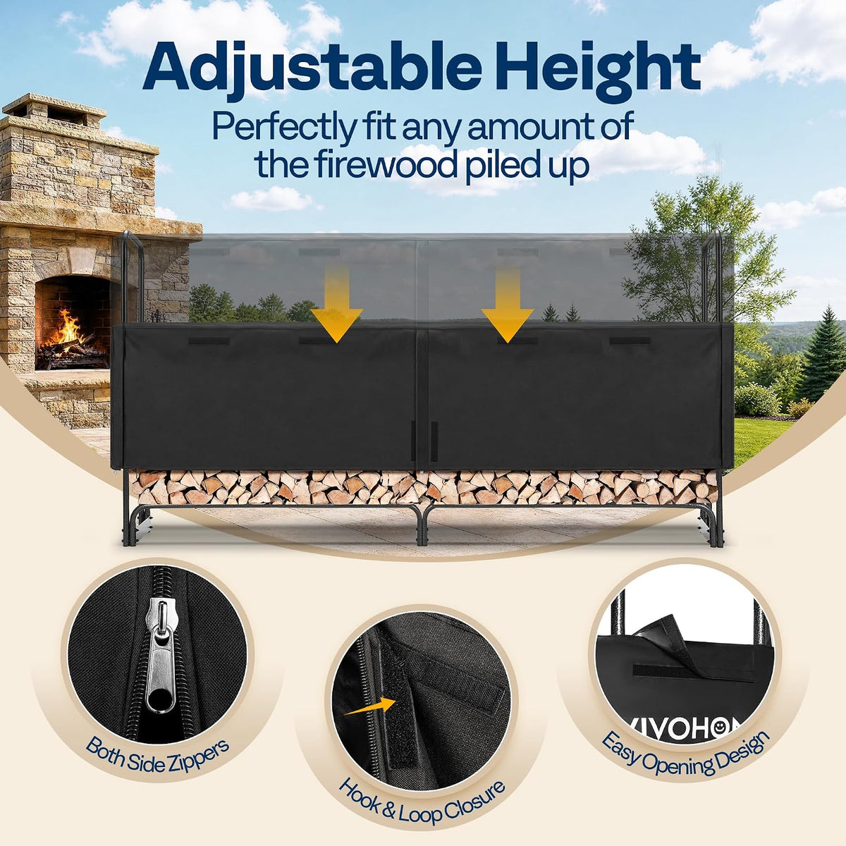 vivohome 8ft waterproof log rack cover showing dimensions
