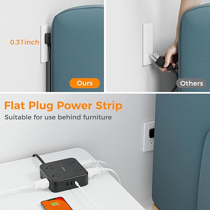 15 FT Extension Cord, TESSAN Ultra Thin Flat Plug Power Strip Surge Protector