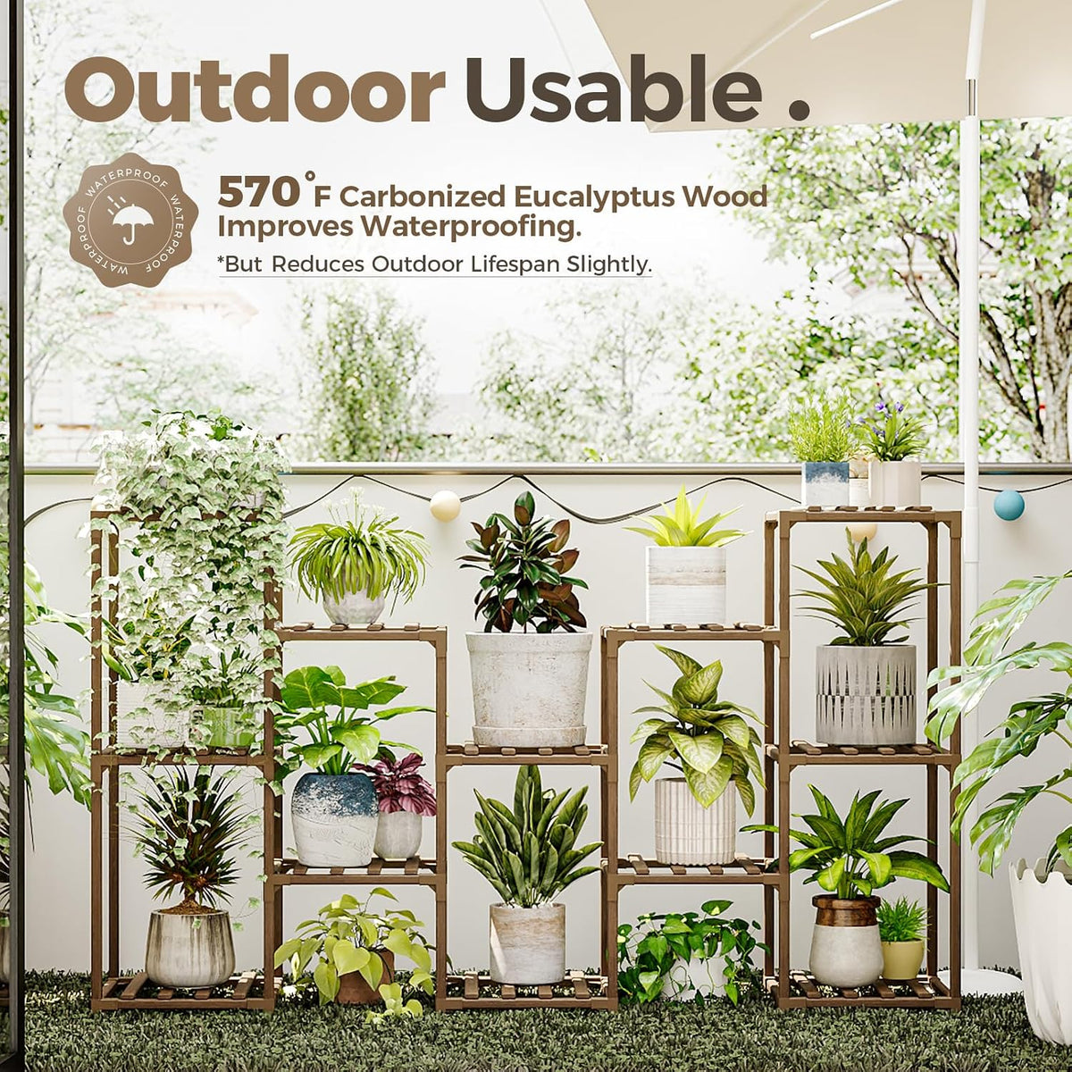 bamworld large plant shelf outdoor wood plant stand, close-up detail