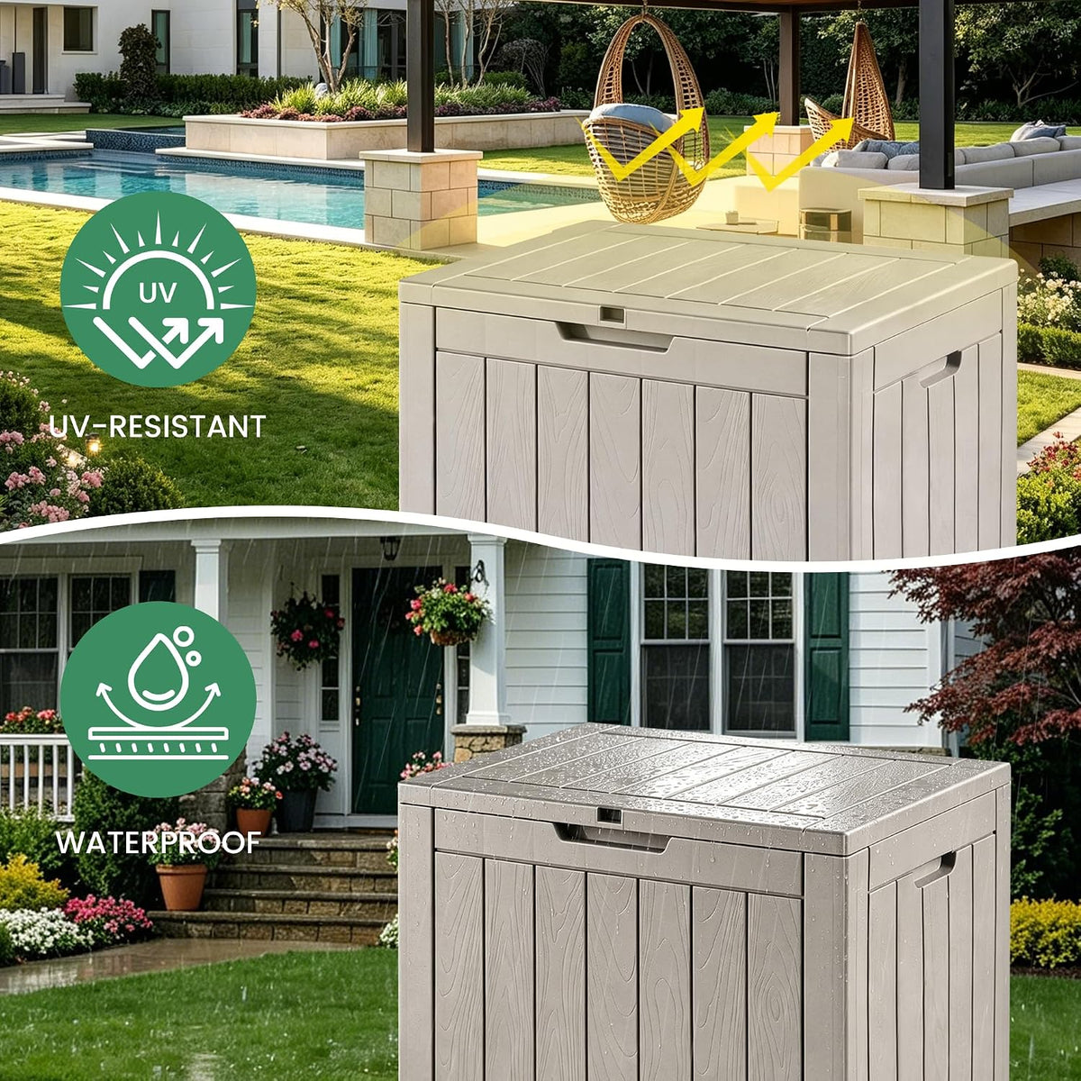 30 Gallon Outdoor Storage Box, Waterproof Resin Deck Box with Side Handles, Lockable Outdoor Bench for Indoor & Outdoor Use, Storage Bin for Patio Cushions, Garden Tools