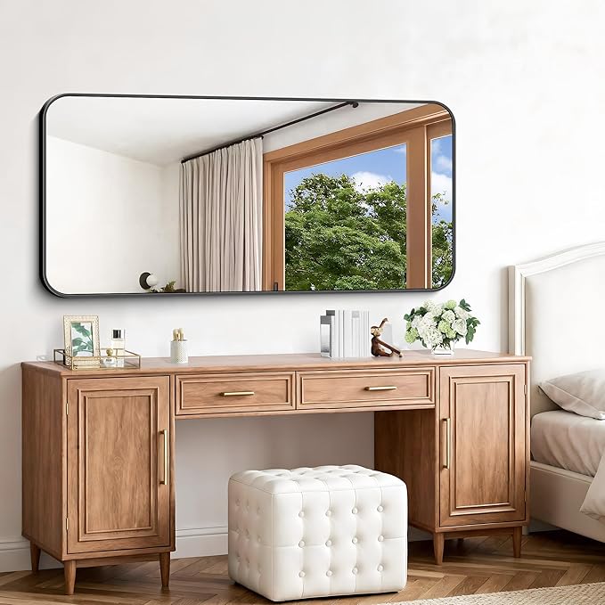 Black Bathroom Mirror, 66x30 inch Aluminum Metal Frame Rectangular Vanity Mirror