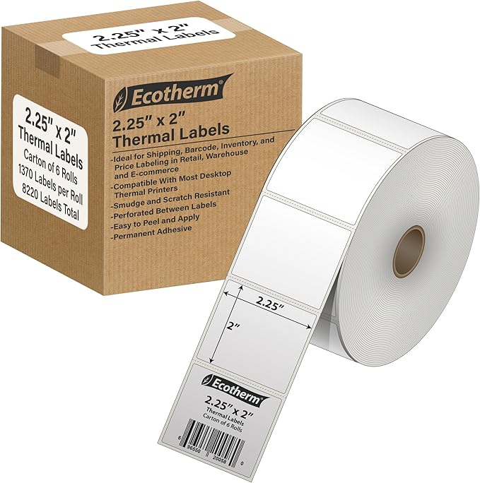 2.25" x 2" Thermal Labels | 6 Rolls | 8220 Labels | fits Zebra, Offnova Thermal