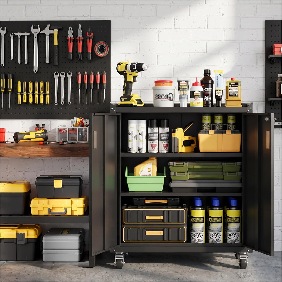 lcaopc metal storage cabinet with wheels - lockable shown in use