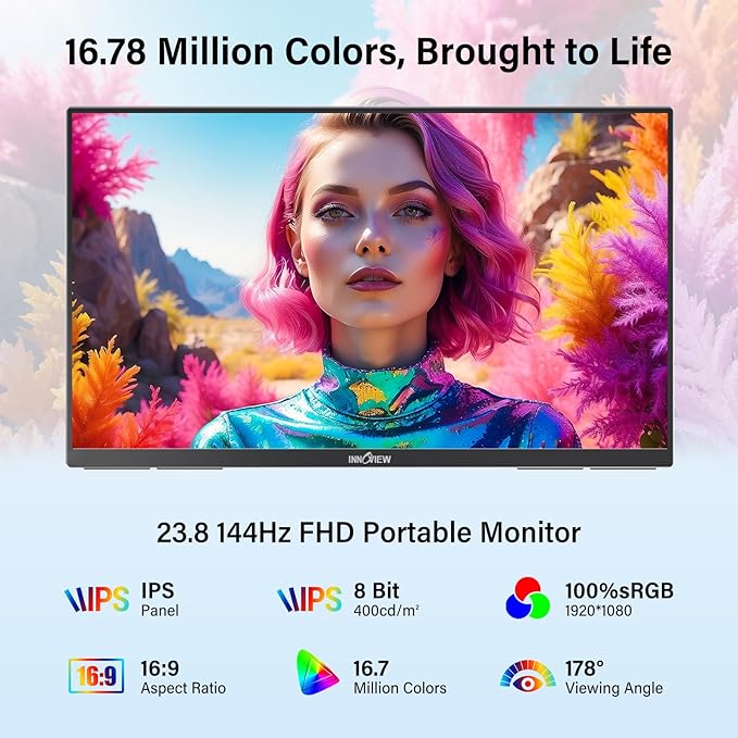 InnoView Large Portable Monitor 23.8inch FHD 1080P 144Hz USB-C, HDMI Computer