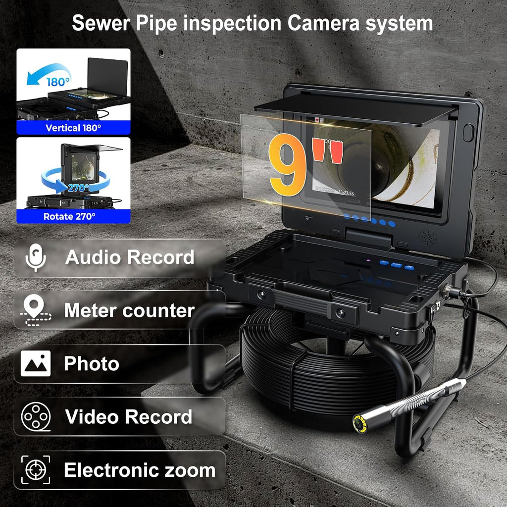 sewer camera with self-leveling dvr, 100ft snake, 9" shown in use