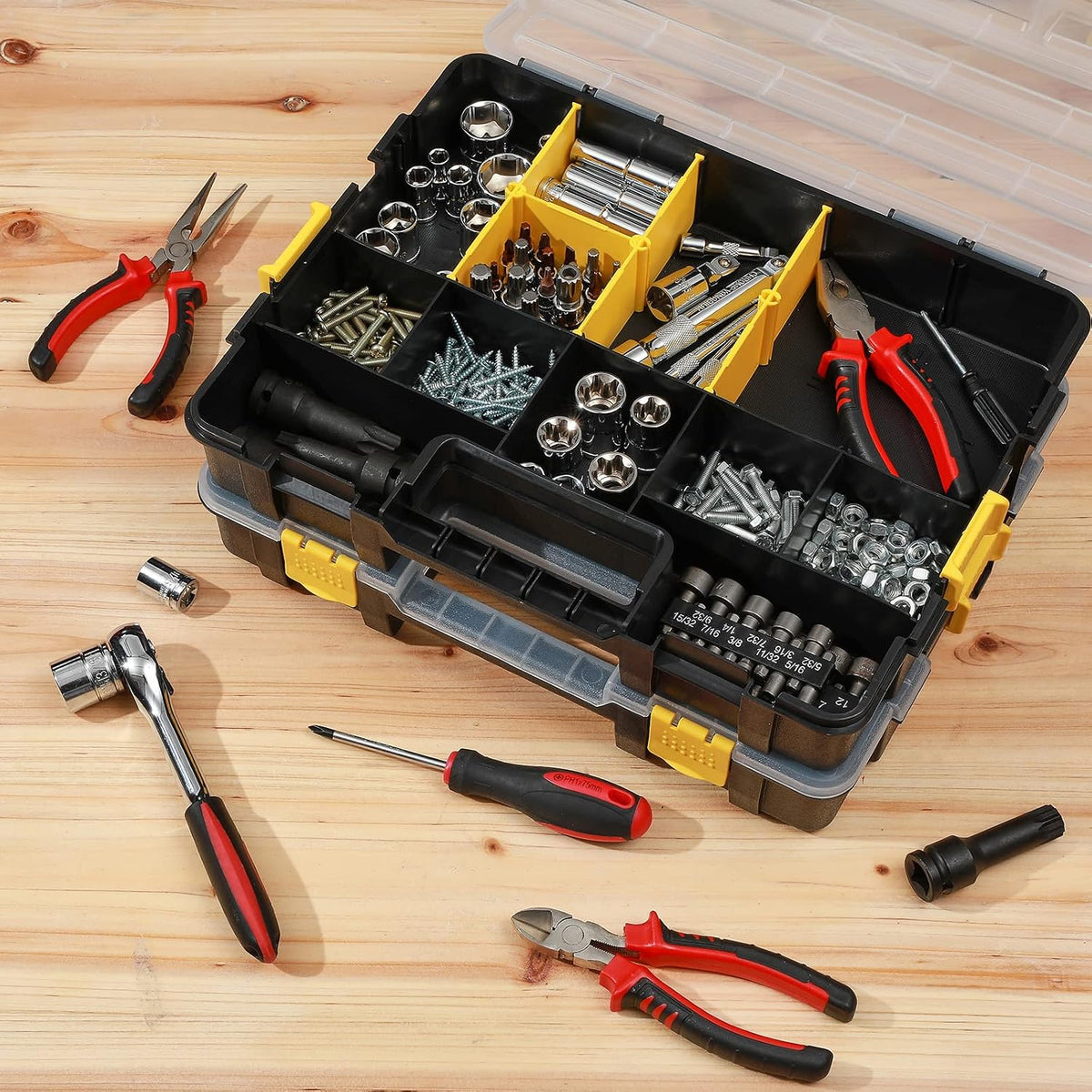 mayouko stackable plastic toolbox organizer, interlocking small parts on a desk or shelf