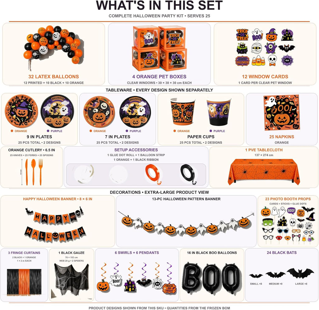 UJoyant 323PCS Halloween Party Decorations Set for 25 Guests, Orange Purple Tableware, 4 Balloon Boxes with 12 Custom-Designed Halloween Panels, Backdrop, Balloons and Photo Booth Props