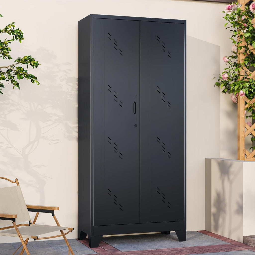 75" metal storage cabinet with lock, heavy-duty steel shown in use