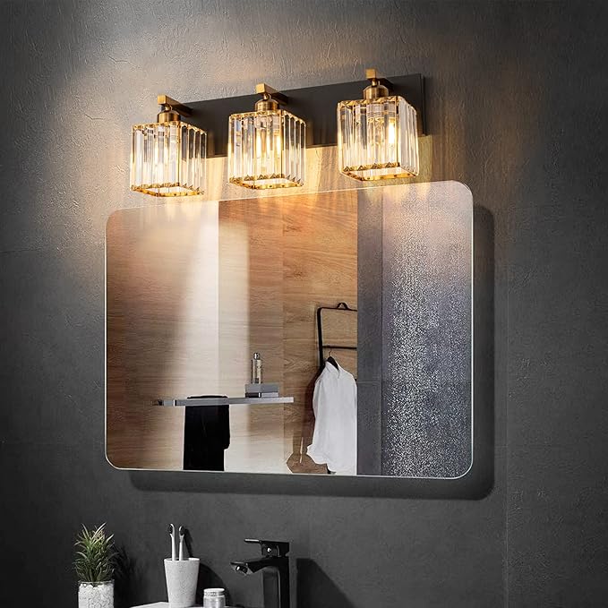FDPBY Modern Bathroom Vanity Light 3-Lights Black Gold Crystal Bathroom Wall