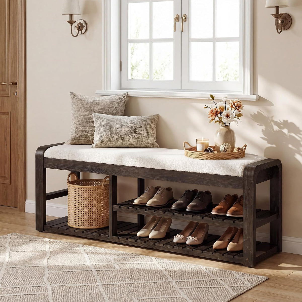 55" Shoe Storage Bench with Removable Cushion, 2-Tier Farmhouse Solid Wood Entryway Shoe Rack, End of Bed Storage Upholstered Bench for Hallway, Bedroom, Easy Assembly, Dark Brown
