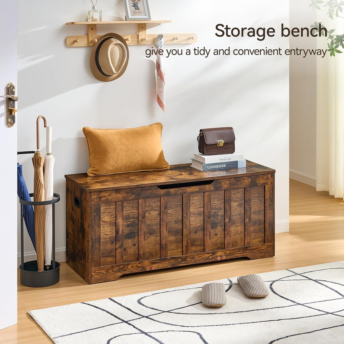vankiley 43.3" storage chest extra large, storage bench.(rustic, close-up detail