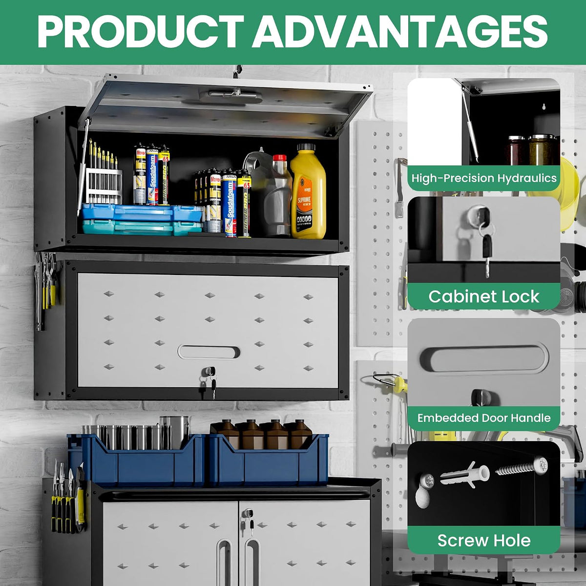 garage storage cabinet system,wall cabinet & locking rolling, front angle view