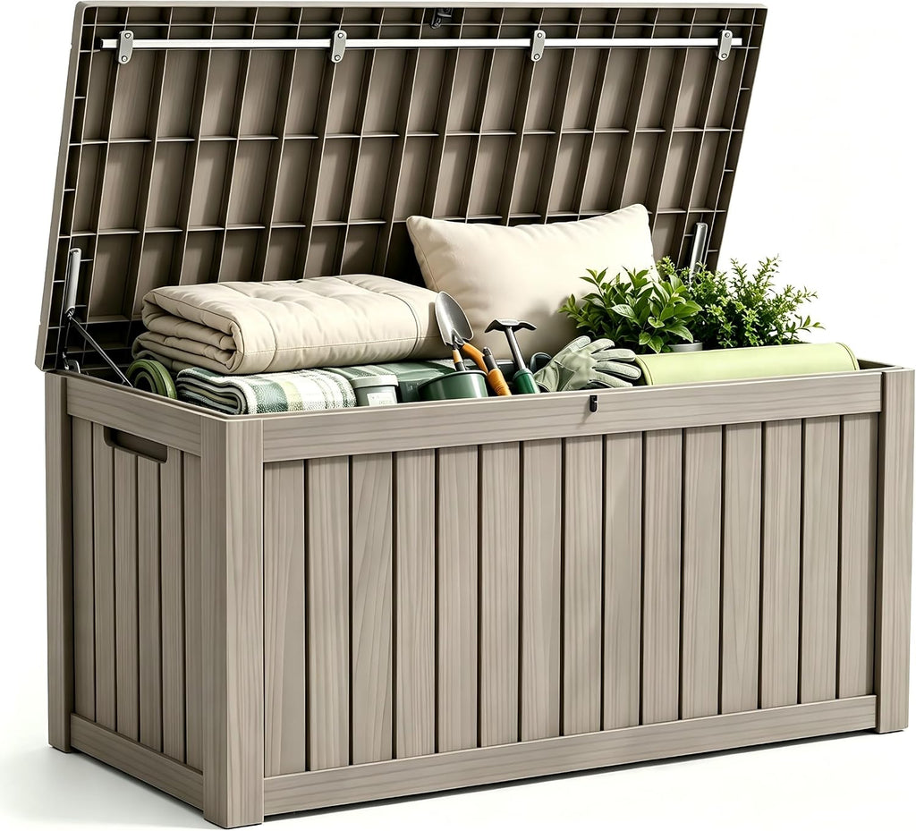 Outdoor Storage Box Resin Deck Box Waterproof Gray Brown 155 Gallon