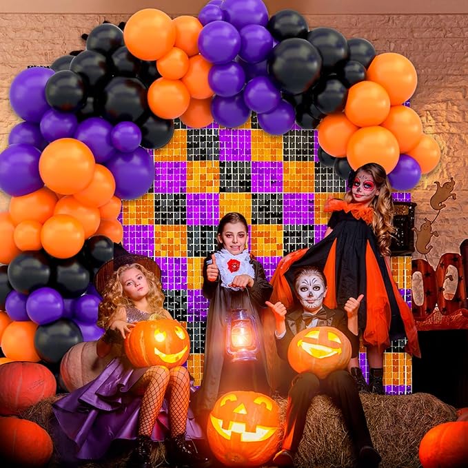 24PCS Black Orange Purple Shimmer Wall Backdrop, Halloween Square Sequin Photo Backdrops Panel, Glitter Wall Background for Birthdays, Weddings, Halloween Party Decor (4FTx6FT)