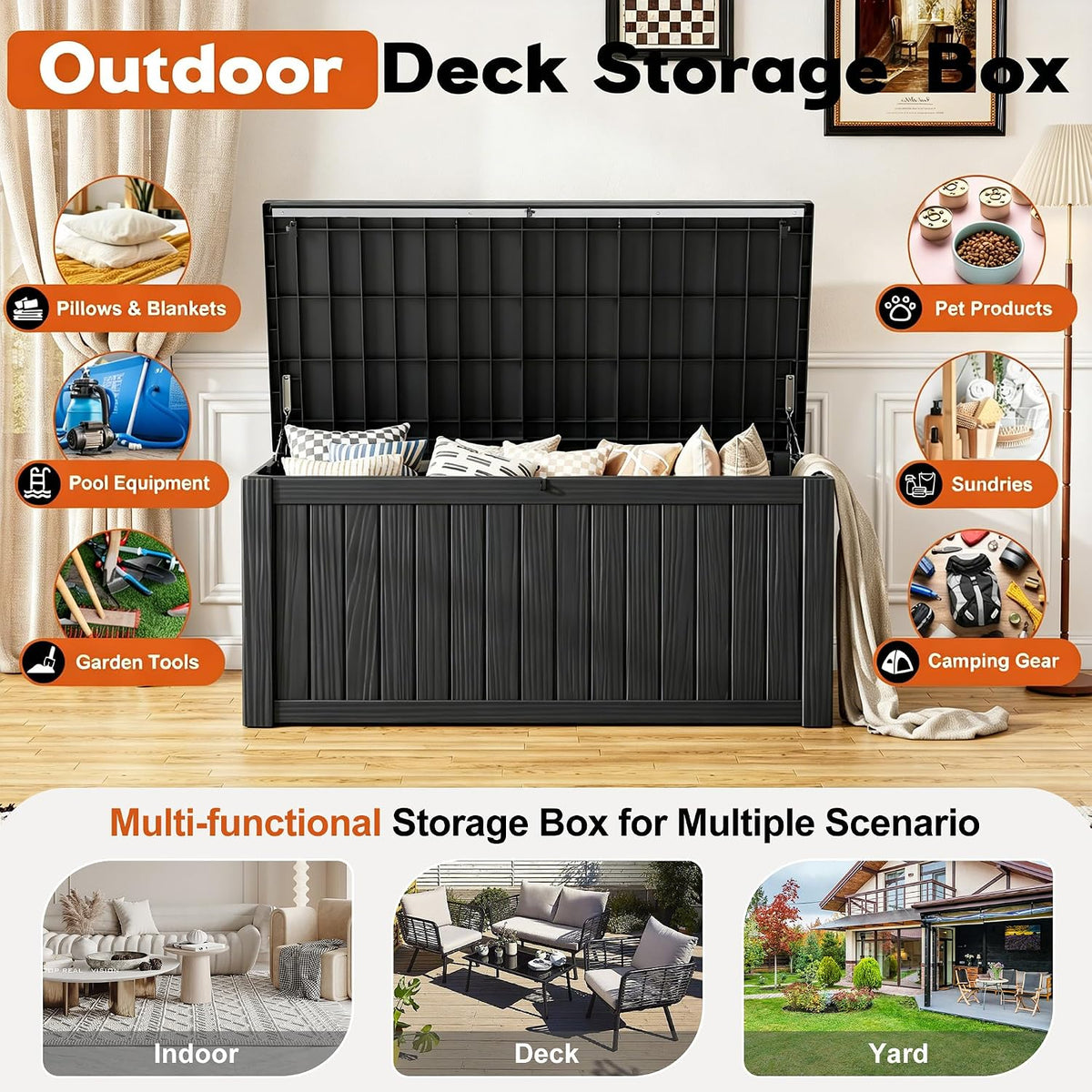 waterproof outdoor storage box, resin patio organizer,300 gal,black, close-up detail