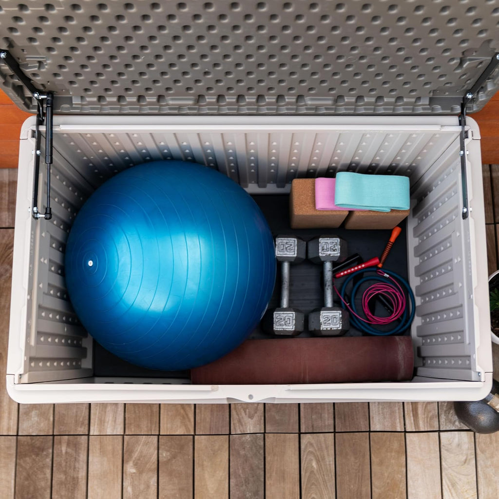lifetime 60103 deck storage box, 80 gallon, desert shown in use