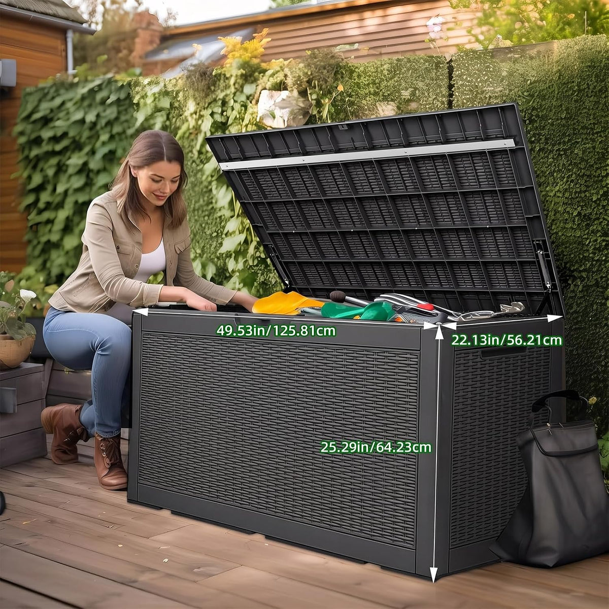 patiozen 120 gallon outdoor deck box,waterproof resin outdoor showing dimensions