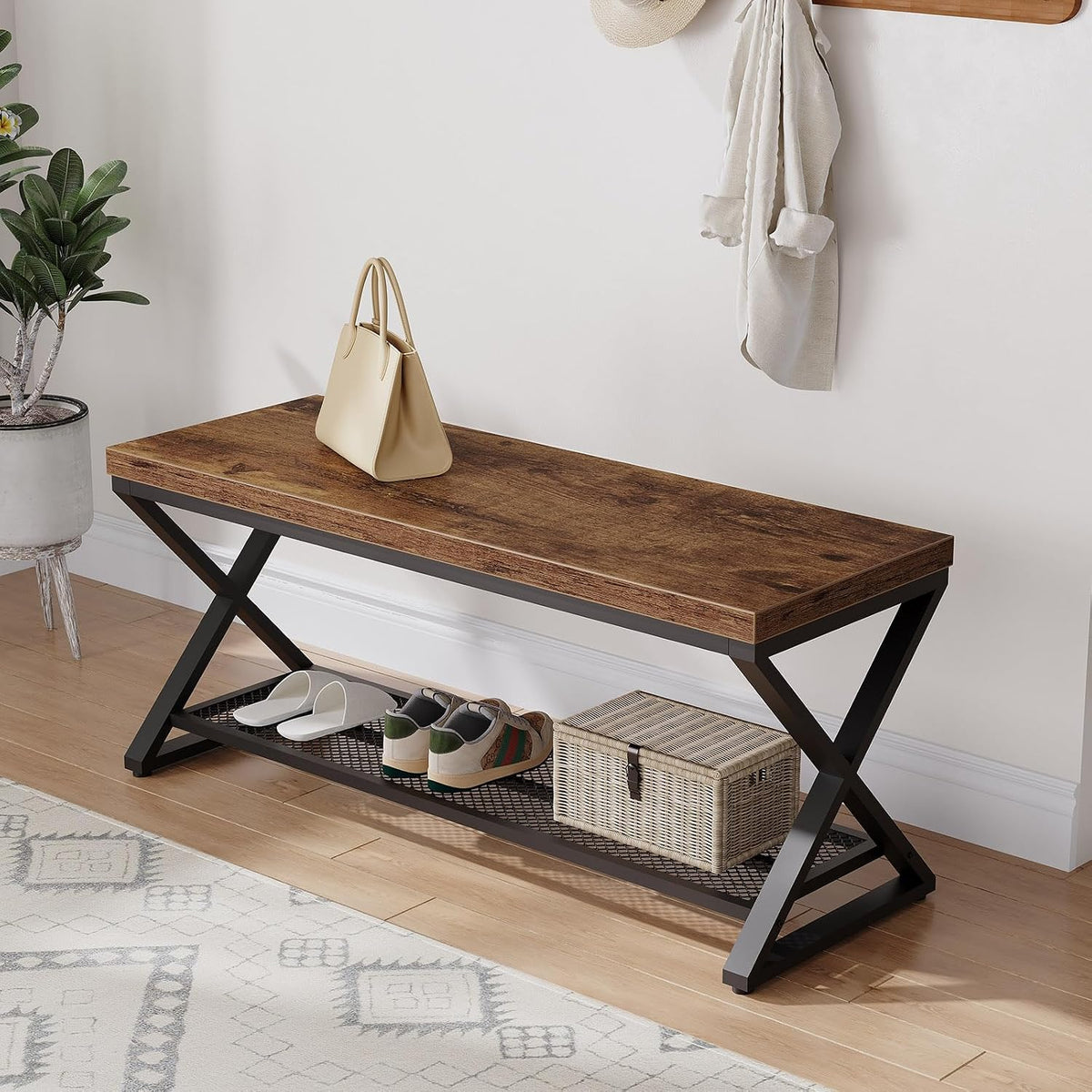 LVB Rustic Brown Entryway Bench, 39" Industrial Shoe Bench with Storage