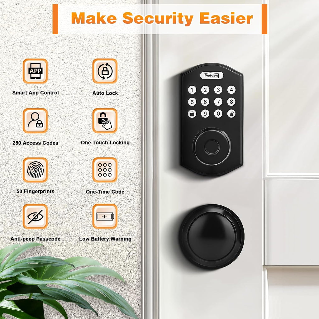 probrico smart keyless entry door lock with knob, close-up detail