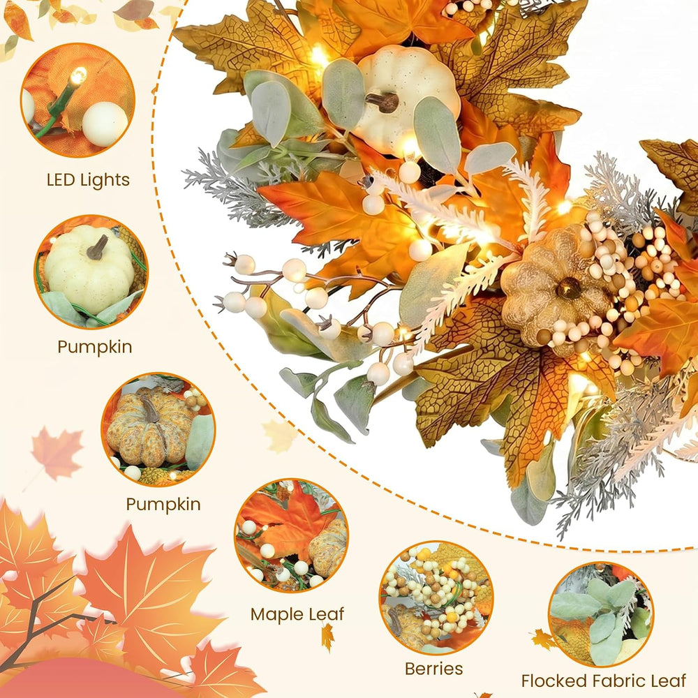 24IN Fall Wreath Prelit for Front Door, Halloween, Thanksgiving Decor