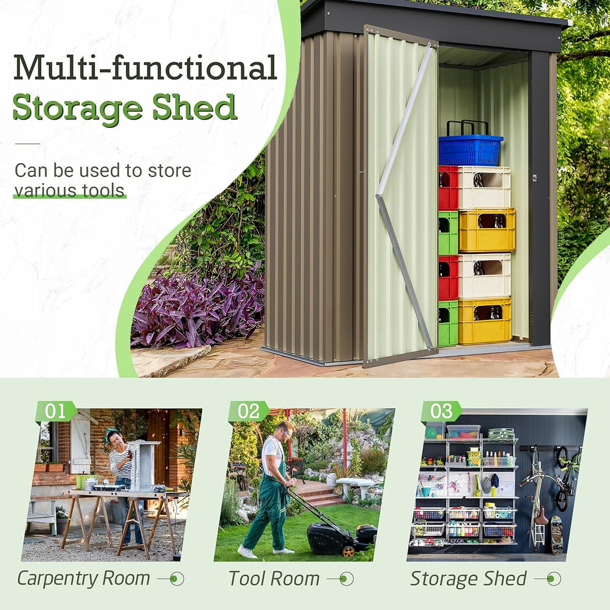 furniwell 5x3 ft outdoor storage shed, metal garden, side view