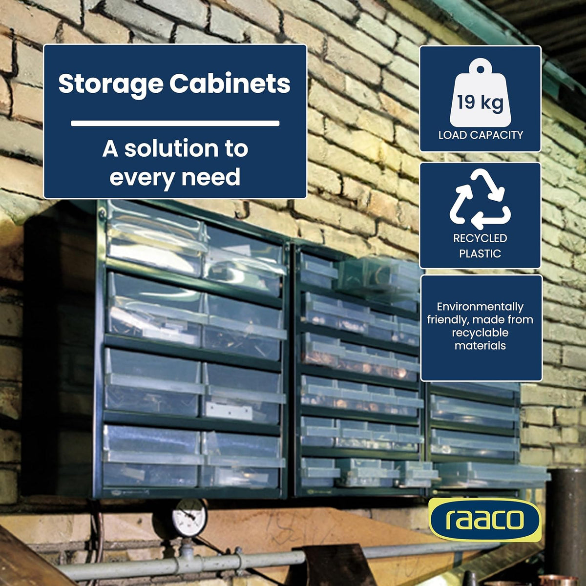 raaco steel storage cabinet, standard 18-drawer (c9-18) shown in use