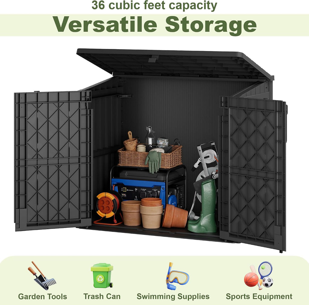 36 cu ft horizontal resin storage shed, weatherproof, package contents