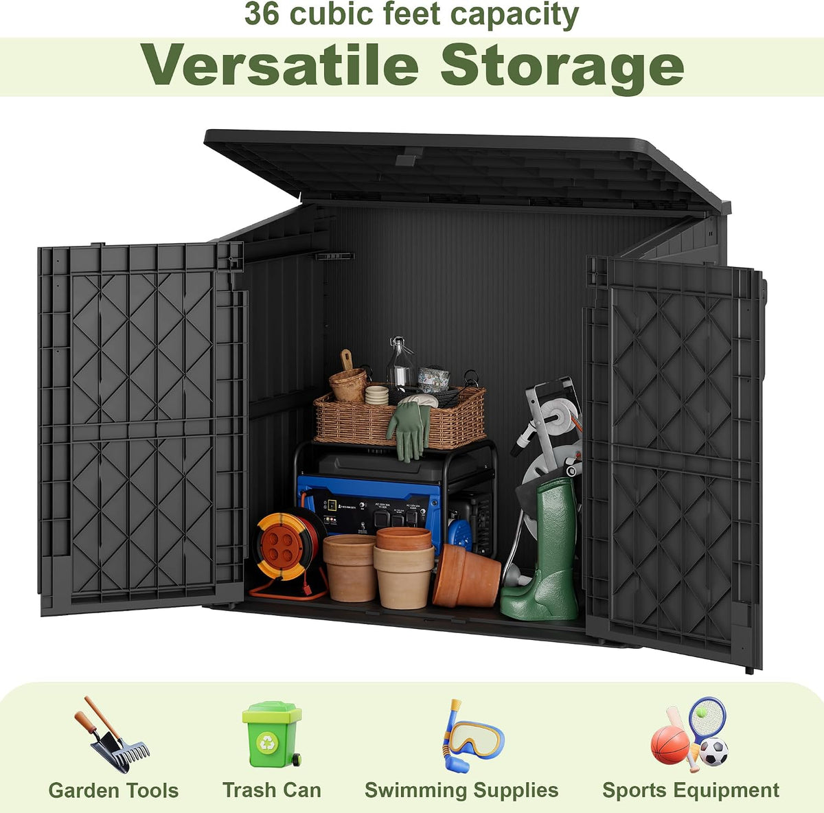 36 cu ft horizontal resin storage shed, weatherproof, package contents
