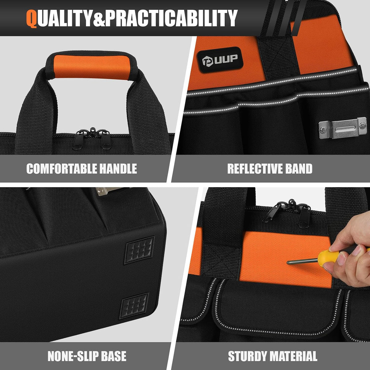 UUP Tool Bag ExtraLarge 20", Heavy Duty Spacious Tool Box Organizer, Orange | 16 Pockets & MOLLE. Detachable Strap & Handle. Non-slip Base, Metal Buckle. 30lb Holds Tools on Truck, Garage, Men Gift.