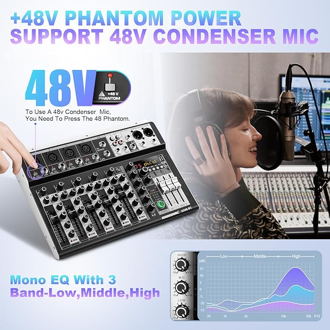 6 Channel Audio Interface Sound Board Mixing Console 16-Bit DSP DJ Mixer Audio
