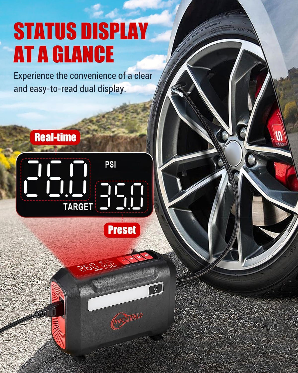 ROCGORLD R8 Tire Inflator Portable Air Compressor, DC 12V Air Compressor Portable with Large Dual Digital Screen, 3X Faster Inflation Air Pump for Car, Bike, Ball, Motor