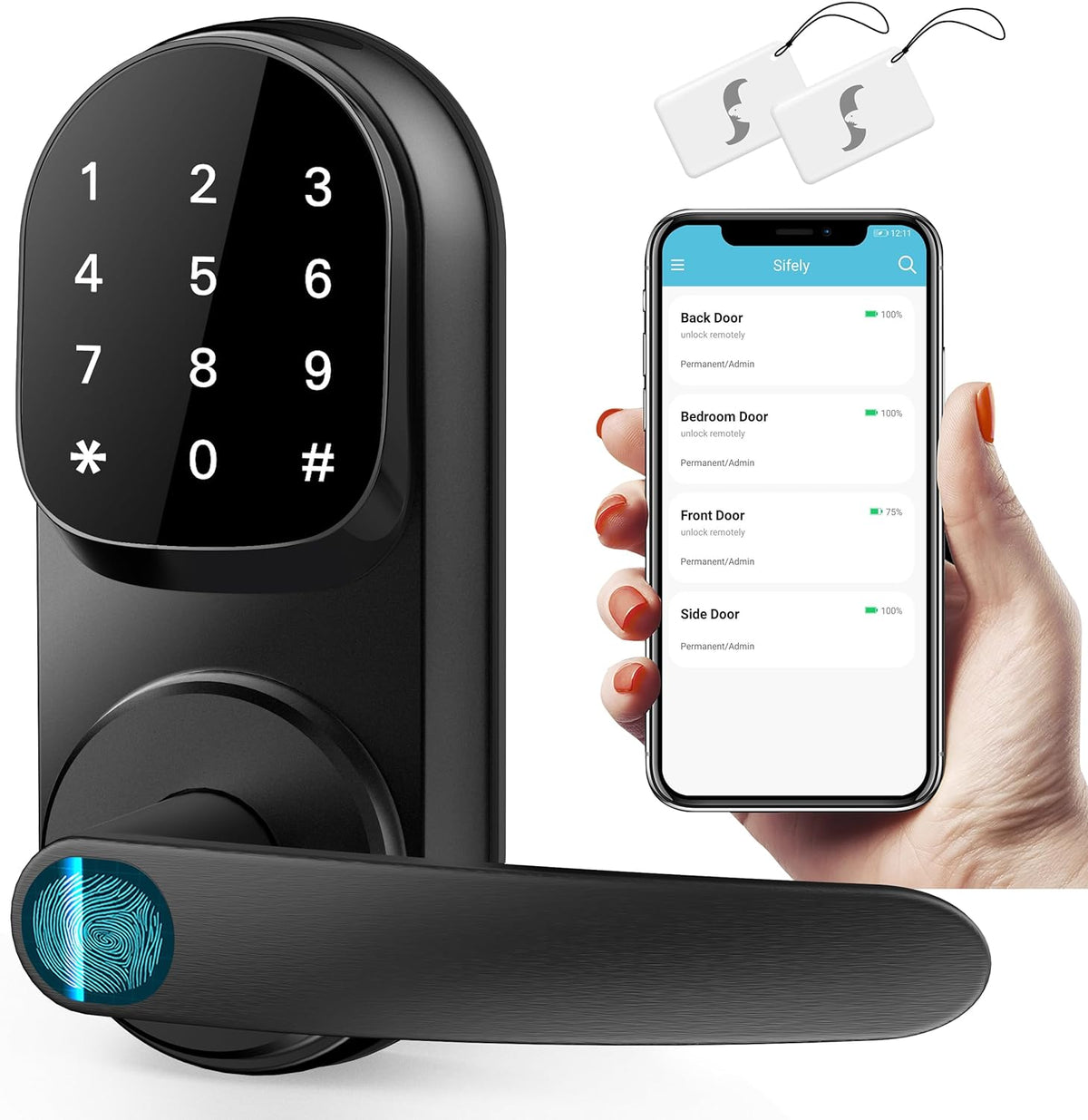 Sifely Keyless Entry Smart Lock - Fingerprint & Keypad Access, Front Door Handle, Black