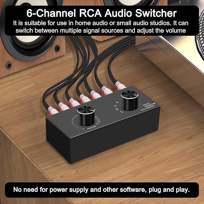 6-Way Audio Switcher, Right and Left Channel Stereo Audio Switcher, Plug & Play