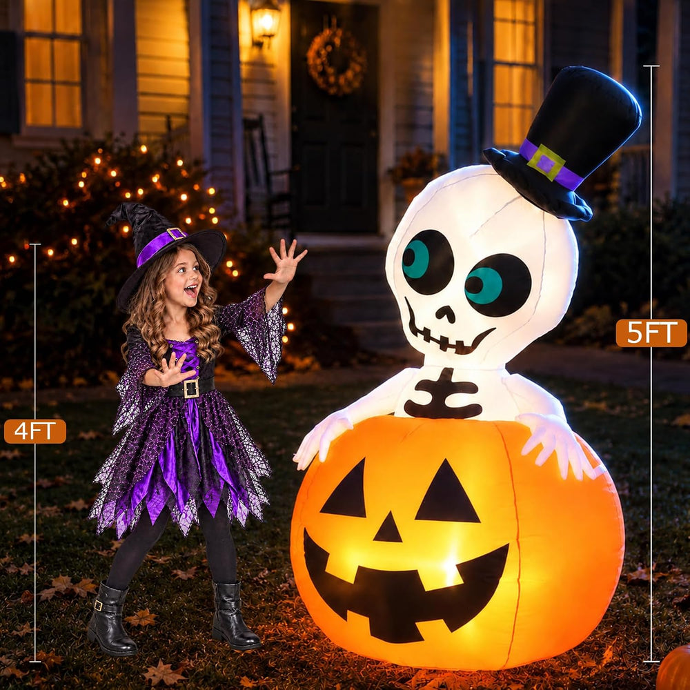 5FT Halloween Inflatable Pumpkin Skeleton LED Yard Decor