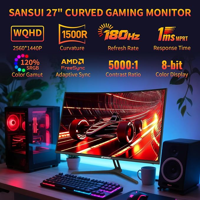 SANSUI 27 Inch WQHD 2560X1440 Curved Gaming Monitor, 180Hz MPRT 1ms Computer
