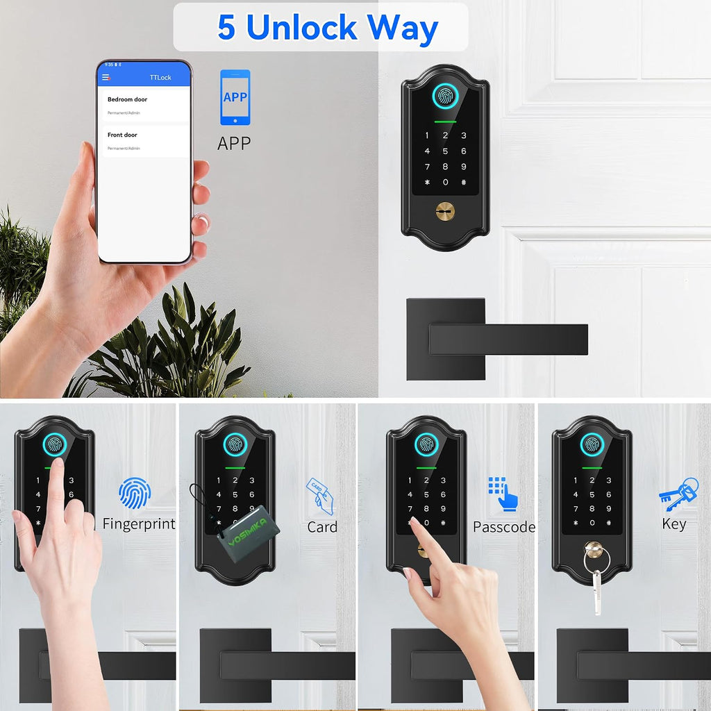 smart fingerprint door lock with keypad and handle shown in use