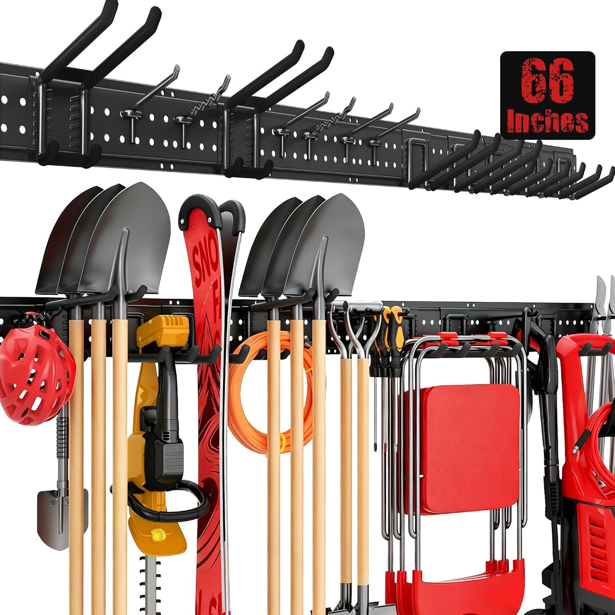 Garage Tool Organizer Wall Mount 66 inches with 13 Adjustable Heavy-Duty Hooks, Garage Organization, Garden Tool Storage Rack, Yard, and Shed, Holds Up to 520 lbs
